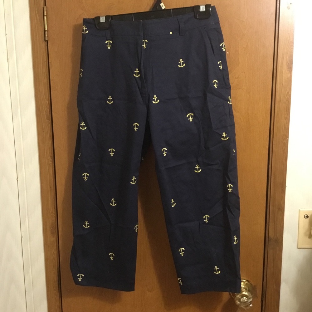 Kim Rogers Navy Blue Anchor Pintuck Pocket Casual Summer Capris 6p
